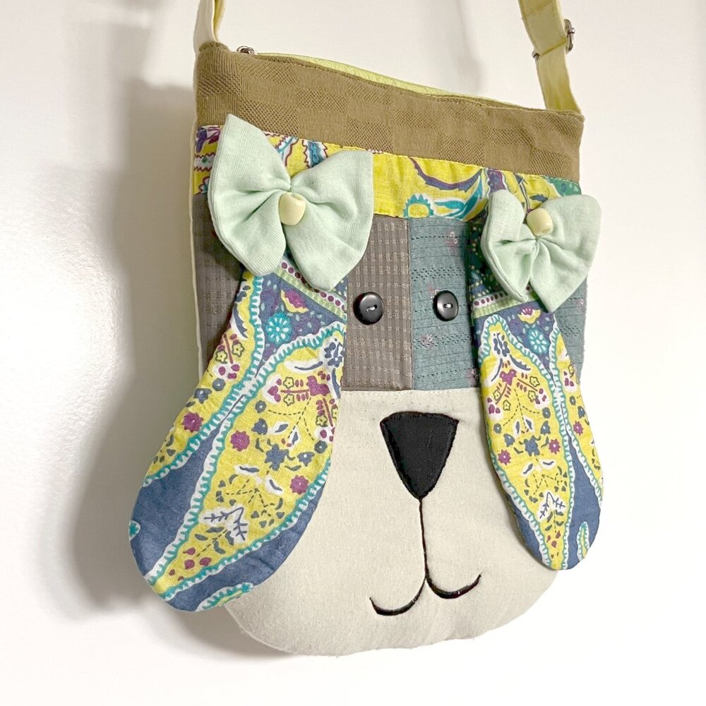 Dog Quilted Patchwork Cotton Crossbody Bag Purse Light Green Yellow